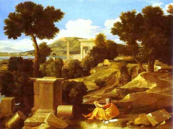 Main Product Photo of Landscape with St. James in Patmos Painting by Nicolas Poussin