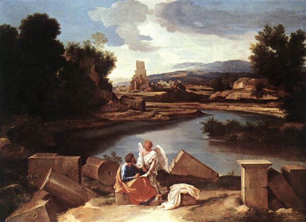 Main Product Photo of Landscape with St Matthew and the Angel Painting by Nicolas Poussin