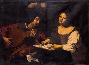 A Musician Playing a Lute to a Singing Girl