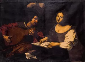 A Musician Playing a Lute to a Singing Girl Oil painting by Nicolas Regnier
