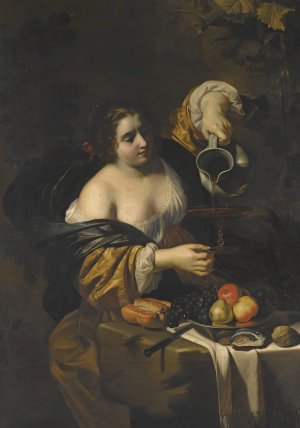 A Young Woman Pouring Red Wine From A Pitcher Into A Glass by Nicolas Regnier Oil Painting