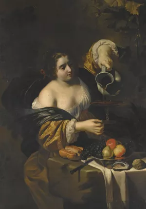 A Young Woman Pouring Red Wine From A Pitcher Into A Glass by Nicolas Regnier Oil Painting
