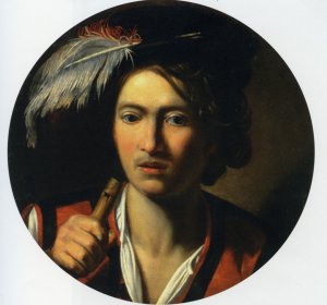 Portrait of a Young Man Bust Length Holding a Flute and Wearing a Feather in His Hat