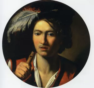 Portrait of a Young Man Bust Length Holding a Flute and Wearing a Feather in His Hat Oil painting by Nicolas Regnier