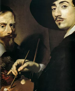 Self-Portrait with a Portrait on an Easel Detail by Nicolas Regnier - Oil Painting Reproduction