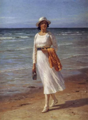 A Lady Walking on a Beach by Niels Frederick Schiott-Jensen Oil Painting
