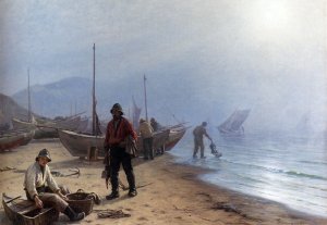 Bringing Home The Catch by Niels Frederick Schiott-Jensen Oil Painting