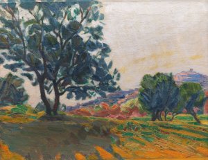 The Olive Grove. With Cagnes in the Background. Against the Light by Niels Larsen Stevns Oil Painting