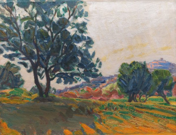 The Olive Grove. With Cagnes in the Background. Against the Light  by Niels Larsen Stevns - Hand-Painted Oil Painting Reproduction
