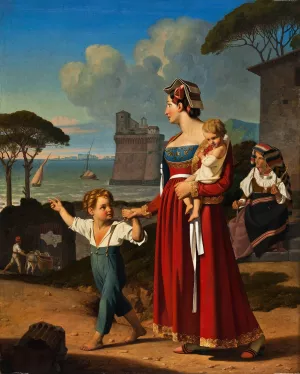 A Young Italian Woman With Her Children And An Old Woman Spinning, Nettuno by Niels Peter Holbech A Young Italian Woman With Her Children And An Old Woman Spinning, Nettuno by Niels Peter Holbech Oil Painting