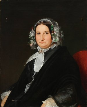 Portraet af en dame i sort silkekjole og kyse by Niels Peter Holbech Oil Painting
