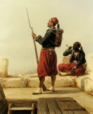 A Nubian and an Egyptian Guard in a Lookout Tower by Niels Simonsen Oil Painting