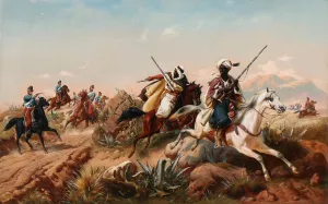 Nordafrikansk scene med arabiske ryttere Oil painting by Niels Simonsen