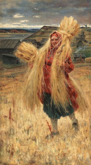 After the Hay Harvest by Nikolai Avenirovich Shabunin Oil Painting