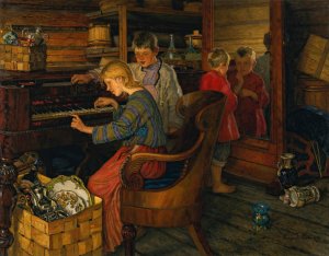Children By The Piano by Nikolai Bogdanov-Belsky Oil Painting