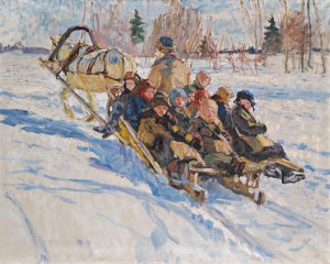 Children riding in a sleigh by Nikolai Bogdanov-Belsky Oil Painting