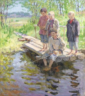 Little Boys Eager For A Catch Oil painting by Nikolai Bogdanov-Belsky