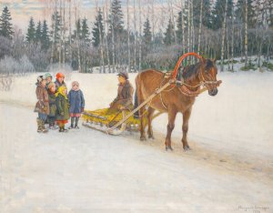Winter Sleigh With Children by Nikolai Bogdanov-Belsky Oil Painting