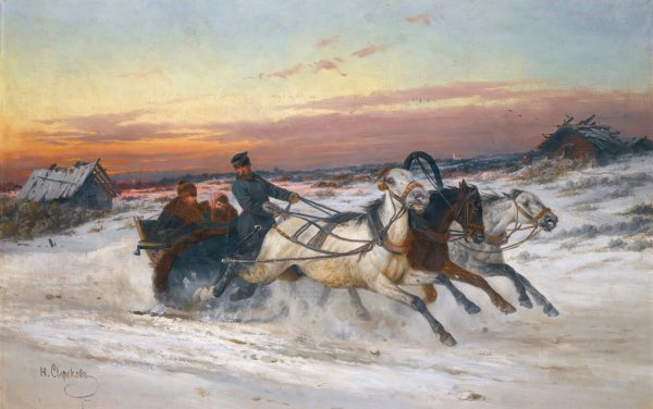Troika At Sunset by Nikolai Egorovich Sverchkov - Hand-Painted Oil Painting Reproduction