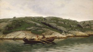 Three Men in a Rowing Boat by Nikolai Ulfsten Oil Painting