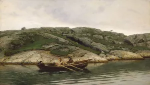 Three Men in a Rowing Boat by Nikolai Ulfsten Oil Painting