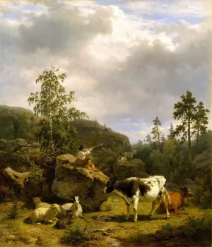 Forest Landscape with a Shepherd Boy and Cattle by Nils Andresson Oil Painting