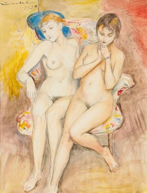 Two girls in a chair by Nils Dardel Oil Painting