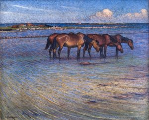 Horses Cooling Themselves in Water by Nils Kreuger Oil Painting