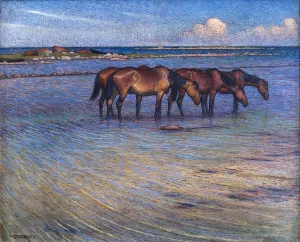 Horses Cooling Themselves in Water Oil painting by Nils Kreuger