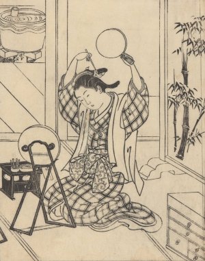 The Toilet, Arranging Hair, Woman with Mirror by Nishikawa Sukenobu Oil Painting