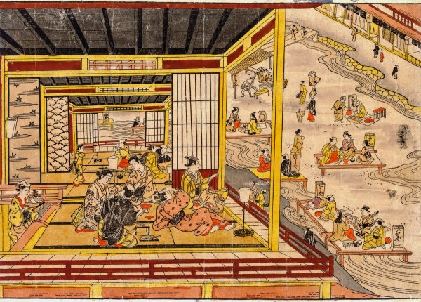 Main Product Photo of Tea House Beside the Kamo River in Kyoto  Painting by Nishimura Shigenaga