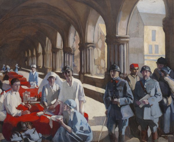 Main Product Photo of The Scottish Women's Hospital - in the Cloister of the Abbaye at Royaumont. Dr. Frances Ivens inspecting a French patient  Painting by Norah Neilson Gray
