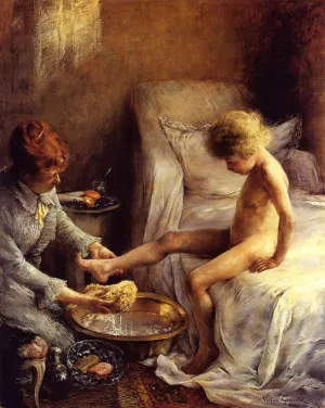 Reine Goeneutte Washing the Young Jean Guerard in the Artist's Studio by Norbert Goeneutte - Oil Painting Reproduction