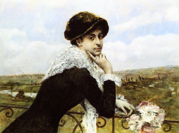 Main Product Photo of Woman on a Balcony Painting by Norbert Goeneutte