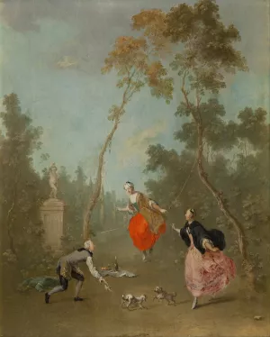 Lady on a Swing - Gallant Scene in the Park I by Norbert Joseph Carl Grund Oil Painting