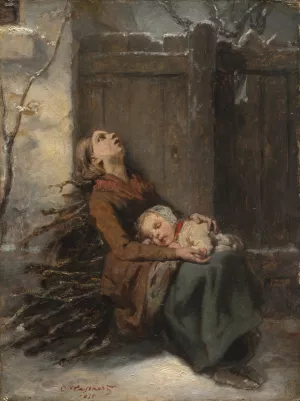 Destitute Dead Mother holding her sleeping Child in Winter by Octave Tassaert Oil Painting