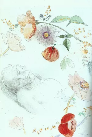 Bust of a Man Asleep amid Flowers painting by Odilon Redon