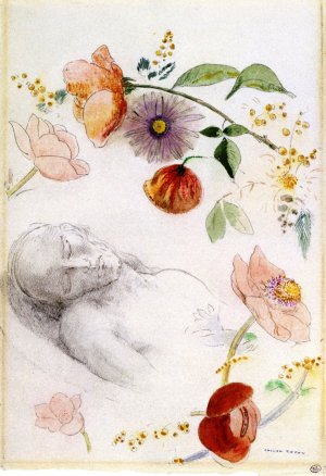 Bust of a Man with Eyes Closed, Surrounded by Flowers