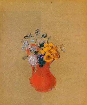 Flowers in a Red Pitcher Oil painting by Odilon Redon