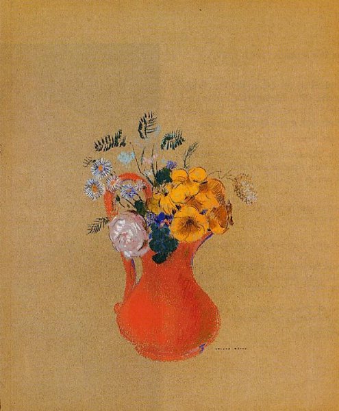 Main Product Photo of Flowers in a Red Pitcher Painting by Odilon Redon