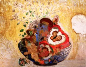 Flowers, Vase and Profile painting by Odilon Redon