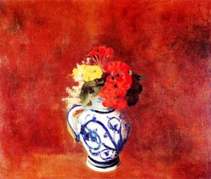 Geraniums and Flowers in a Stoneware Vase painting by Odilon Redon