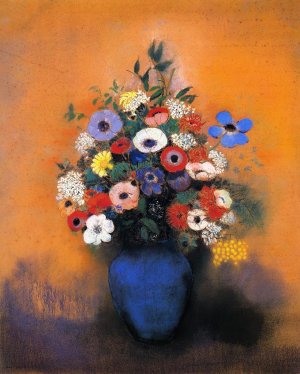 Minosas, Anemonies and Leaves in a Blue Vase