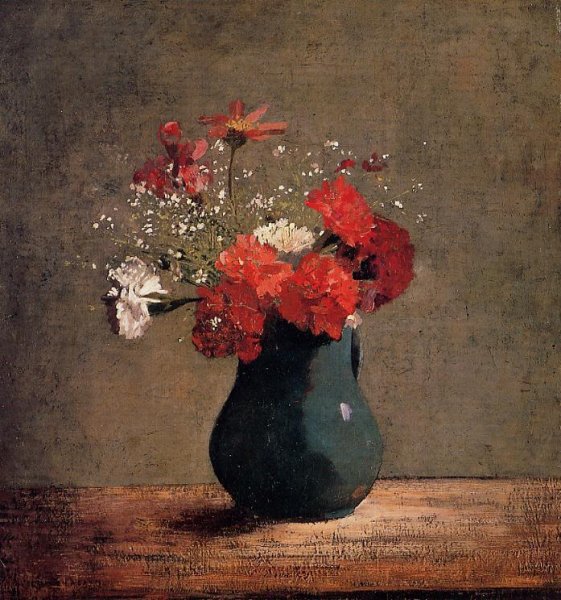 Main Product Photo of Oeiollets et Gypsophile dans un Pichet Vert Painting by Odilon Redon