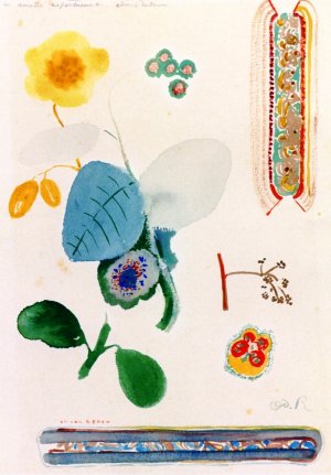 Page of Studies: Branches of Flowers, Butterfly and Decoration by Odilon Redon Oil Painting