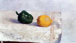 Pepper and Lemon on a White Tablecloth by Odilon Redon - Oil Painting Reproduction