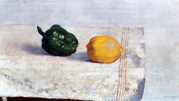 Main Product Photo of Pepper and Lemon on a White Tablecloth Painting by Odilon Redon