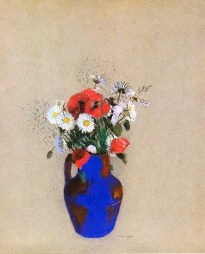 Poppies and Daisies in a Blue Vase