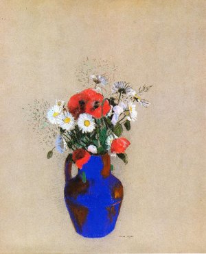Poppies and Daisies in a Blue Vase Oil painting by Odilon Redon