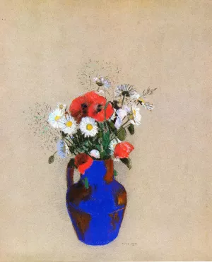 Poppies and Daisies in a Blue Vase by Odilon Redon Oil Painting